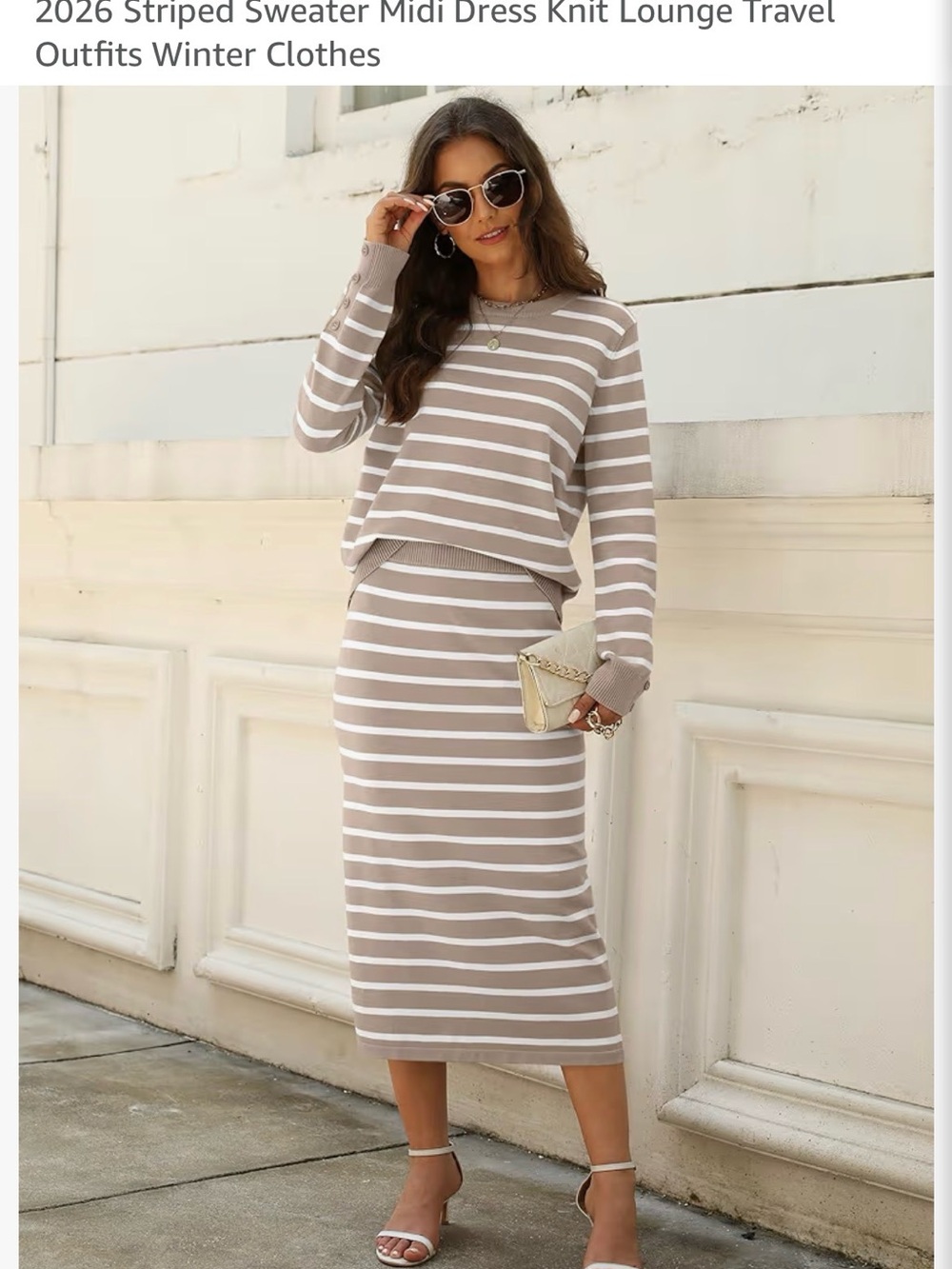 Striped Taupe and White Midi Skirt — Women's Knit Pencil Skirt